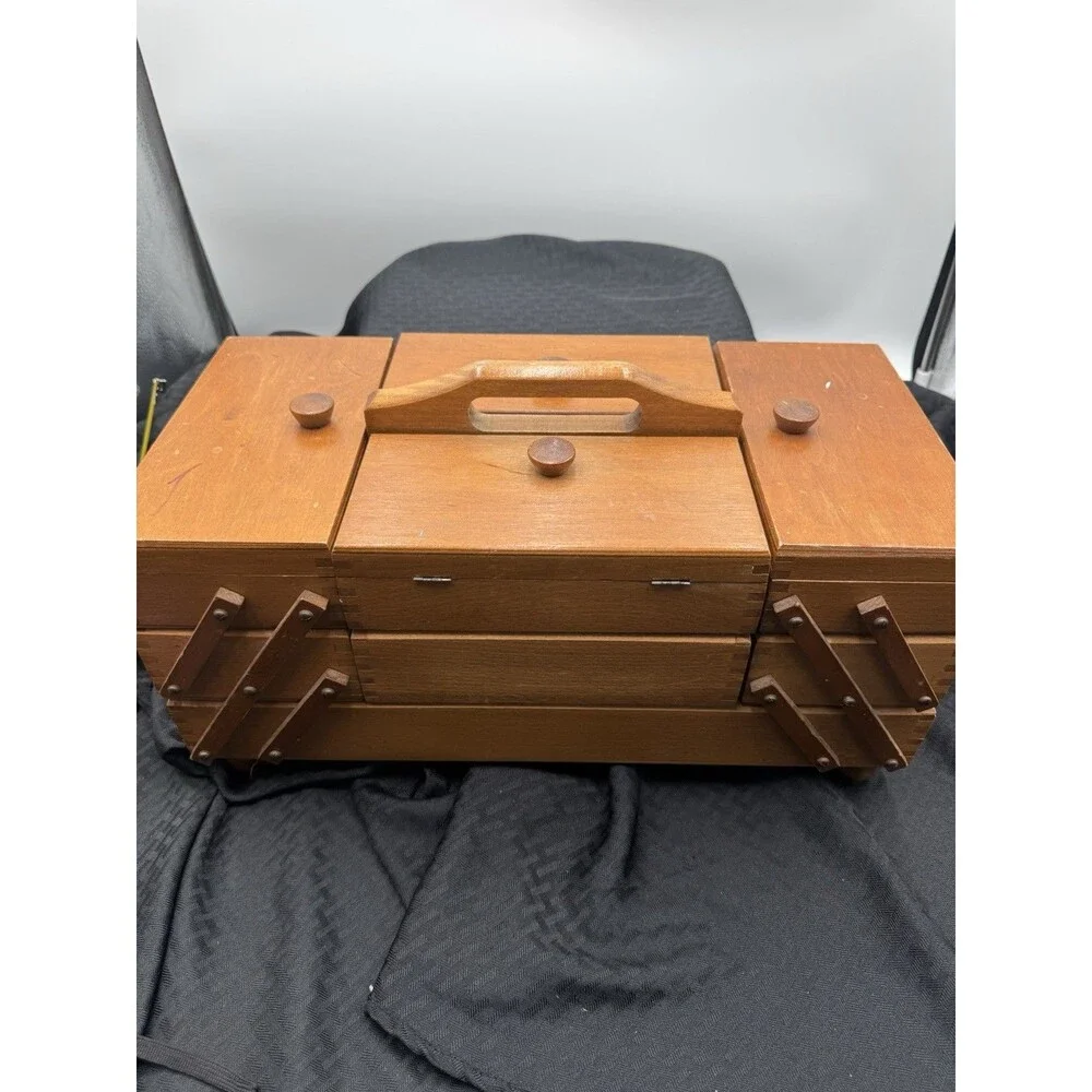 Vintage 3-Tier Accordion Wooden Sewing Craft Jewelry Box